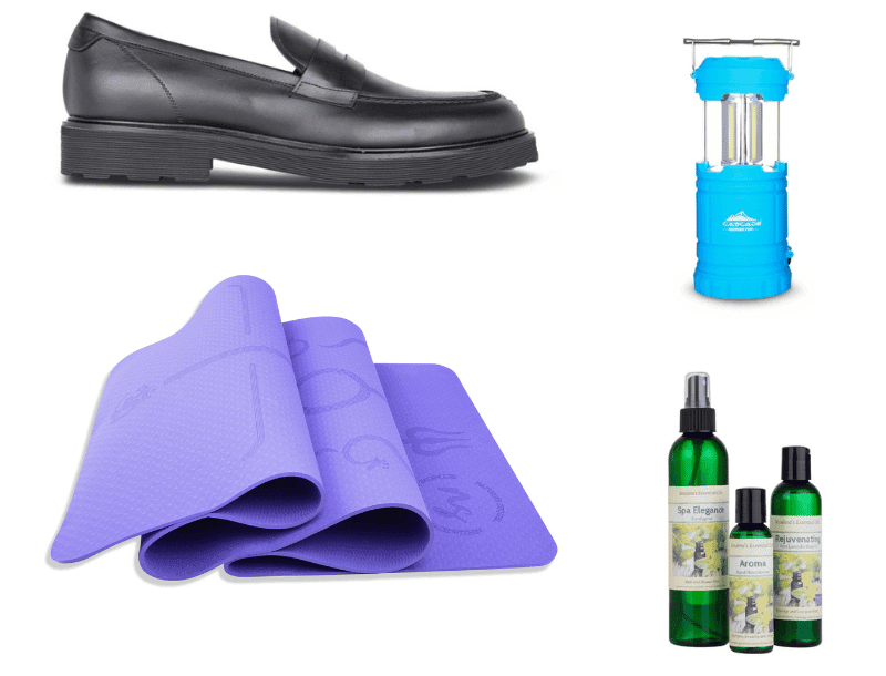Four product photographs on white: a black loafer, a blue camping lantern, a purple yoga mat, and green spa bottles.