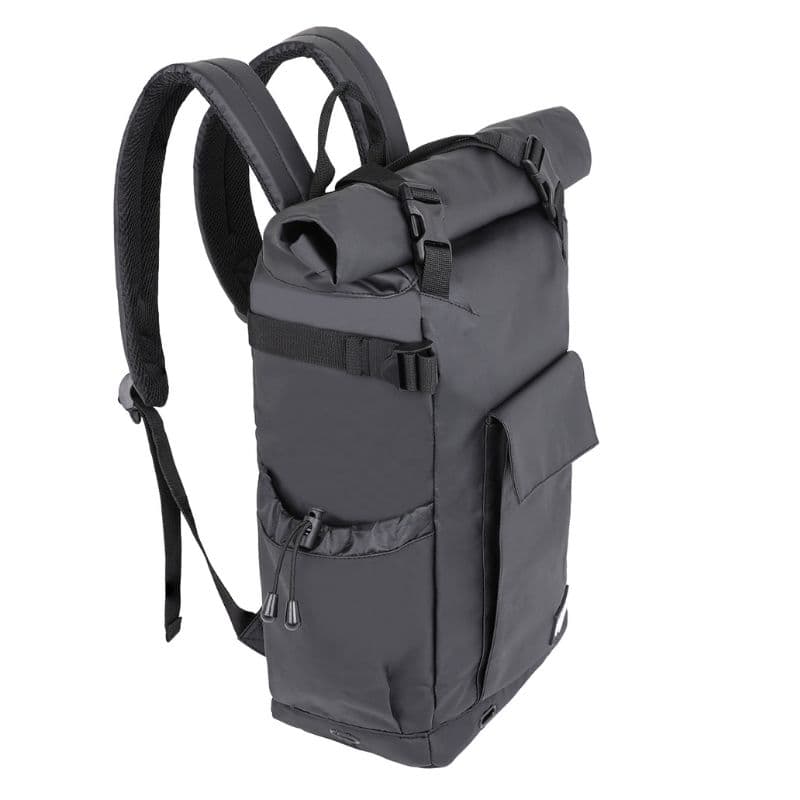 Black roll-top backpack on a white background, three-quarter view.
