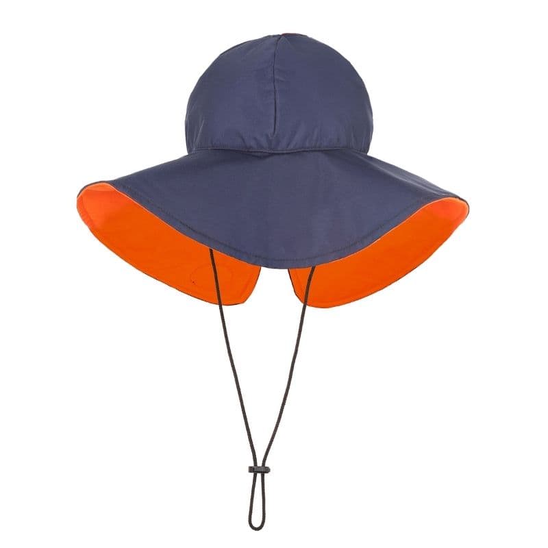 Navy sun hat with a bright orange brim underside and black chin cord, on white.
