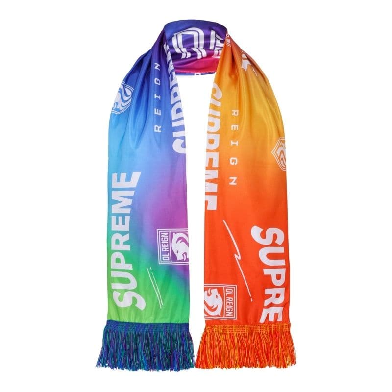 Draped OL Reign gradient scarf with white wordmarks and fringe, on white.