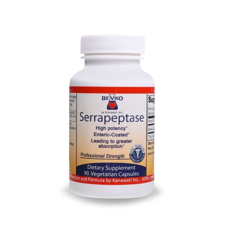 White Bevko Serrapeptase dietary supplement bottle with a blue and red label, photographed on white.