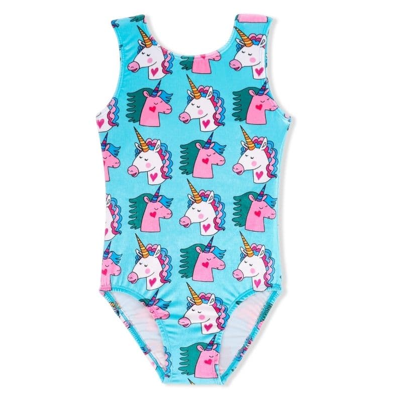 Child one-piece swimsuit or leotard with a unicorn print, flat on white.