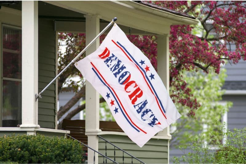 White DEMOCRACY flag hanging from a porch beside spring blossoms.