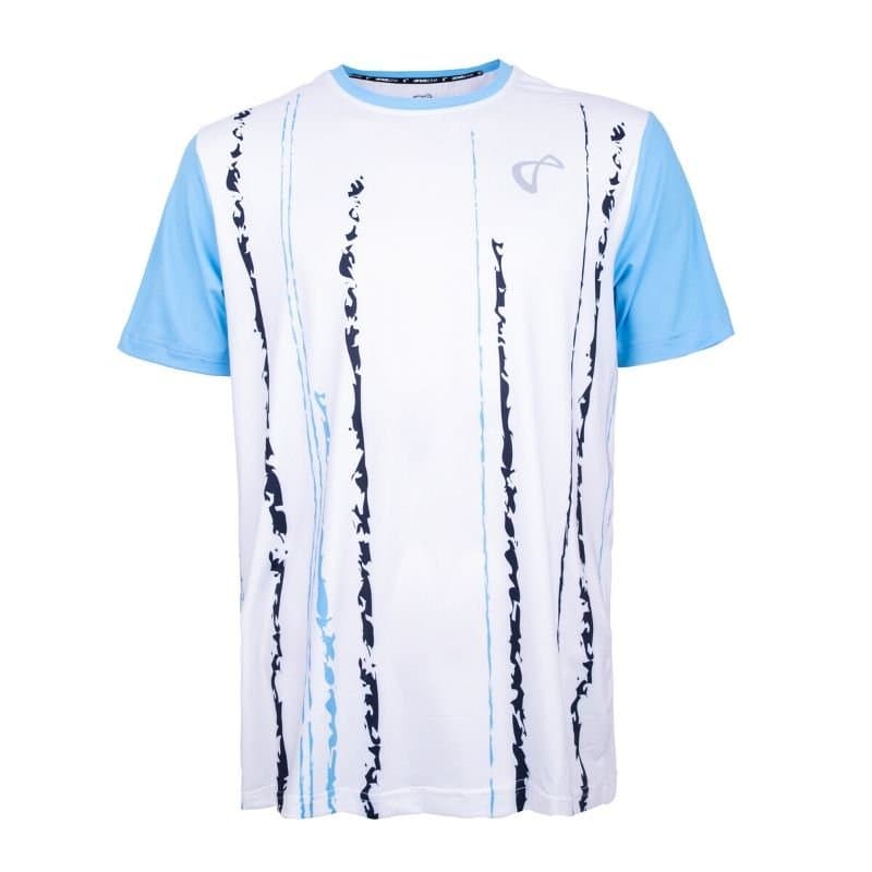 White athletic t-shirt with light blue sleeves and navy brush-stroke stripes, photographed on white.