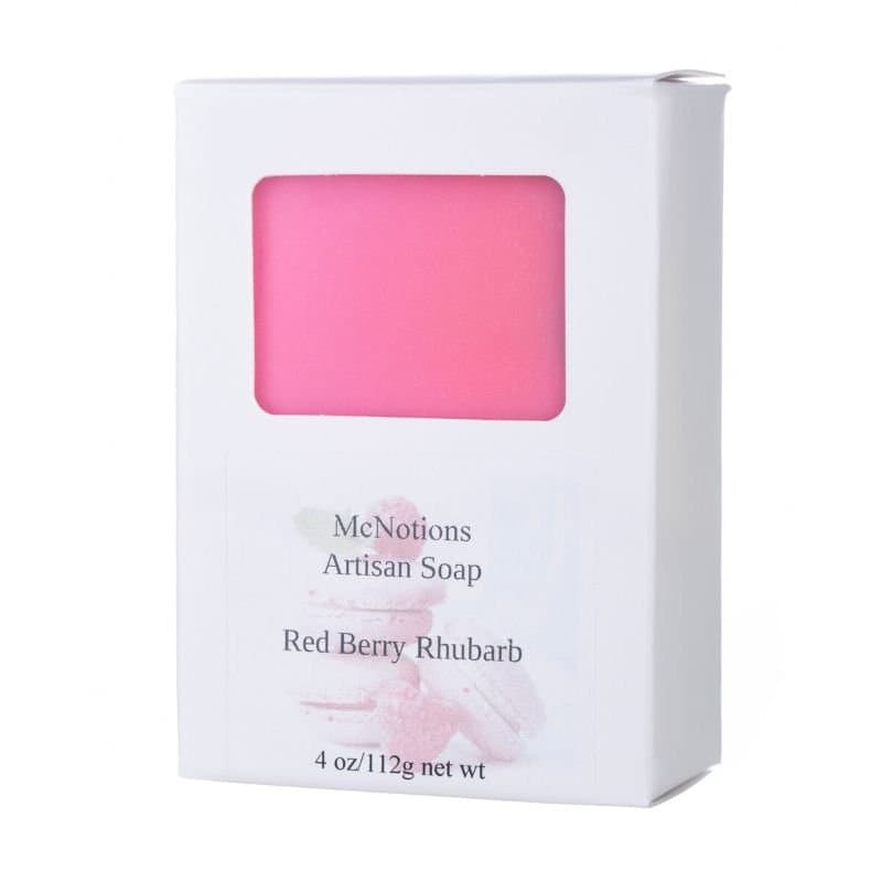 White McNotions artisan soap box for Red Berry Rhubarb with a window showing pink soap.