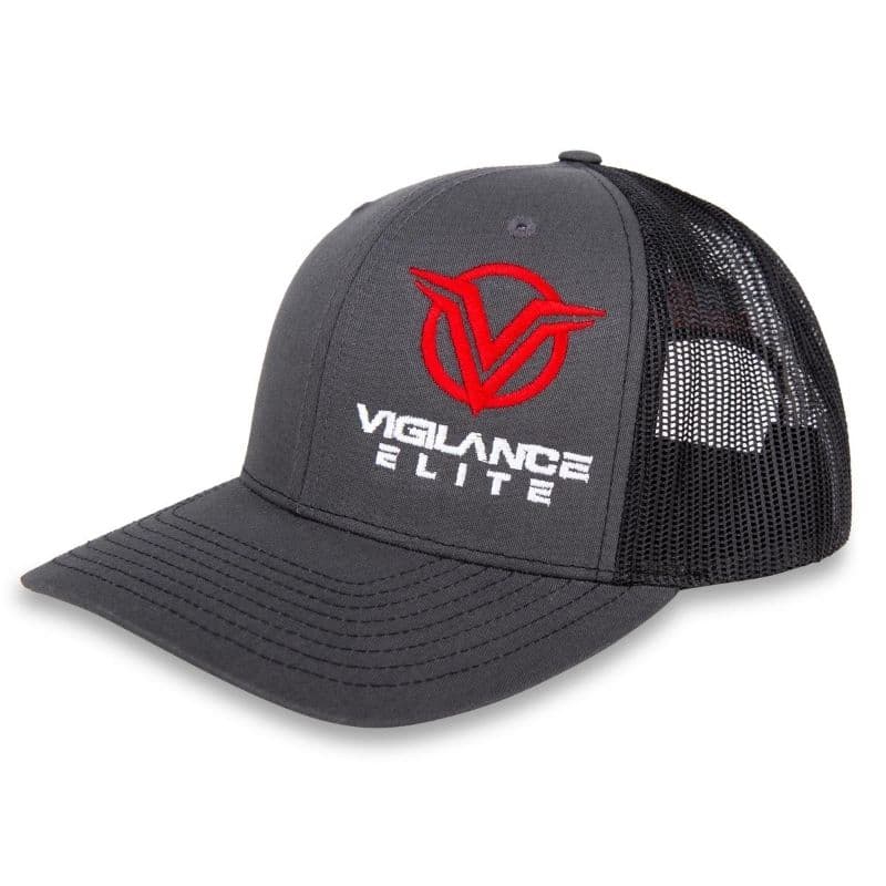 Charcoal and black trucker hat with red Vigilance Elite embroidery, on white.