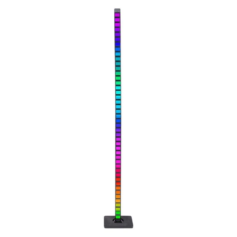 Tall segmented LED floor lamp showing a multicolor gradient on a black base, photographed on white.