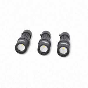 Three black handheld flashlights standing on a light background, photographed for a 360 spin.