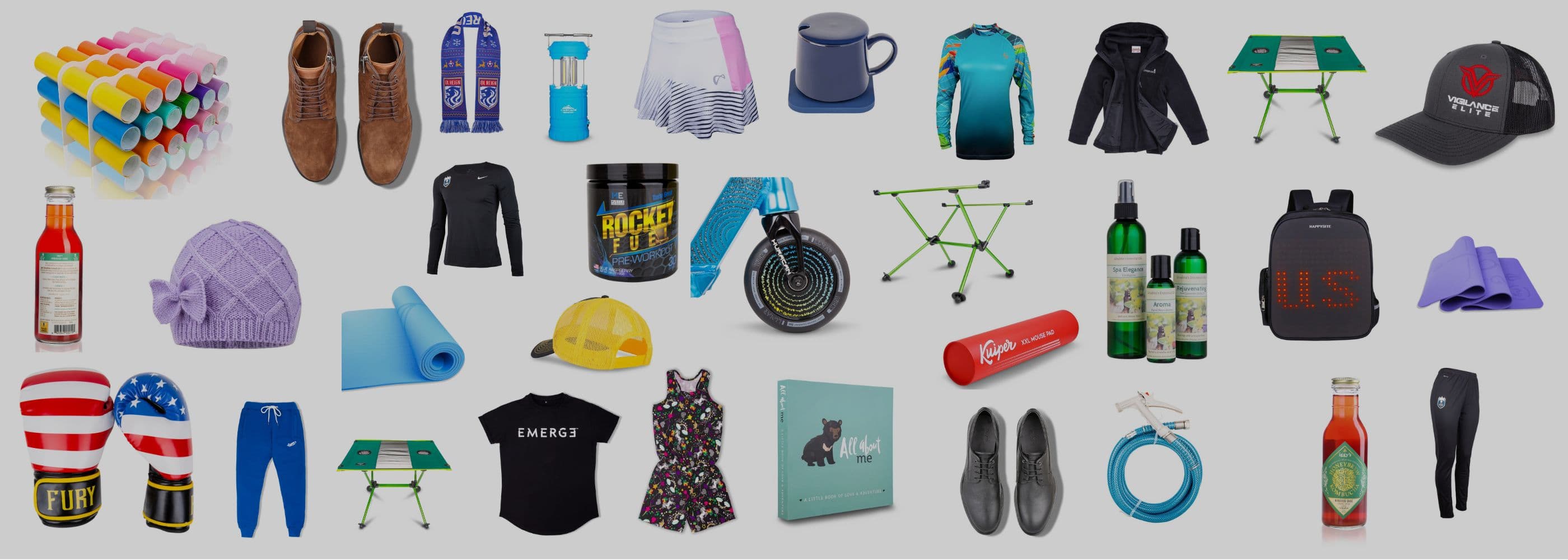 Collage of catalog product photographs arranged on a light gray background.