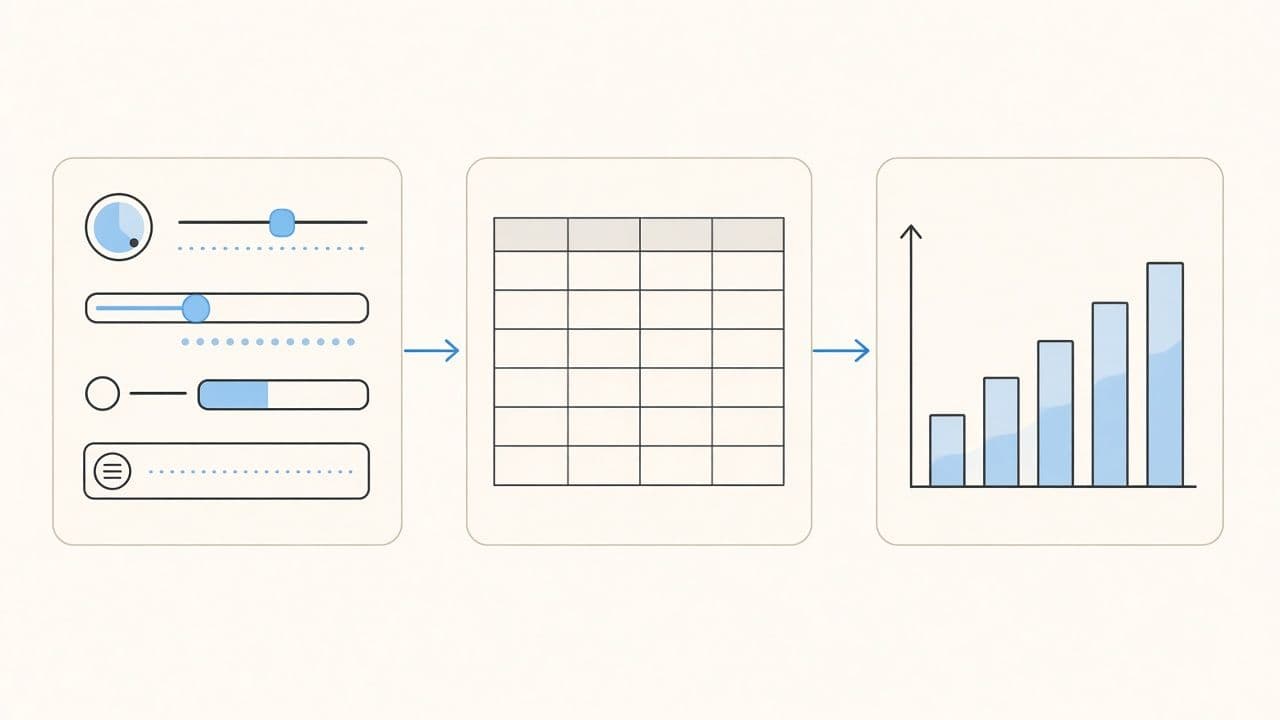 Diagram of inputs flowing through a simple grid into chart outputs.