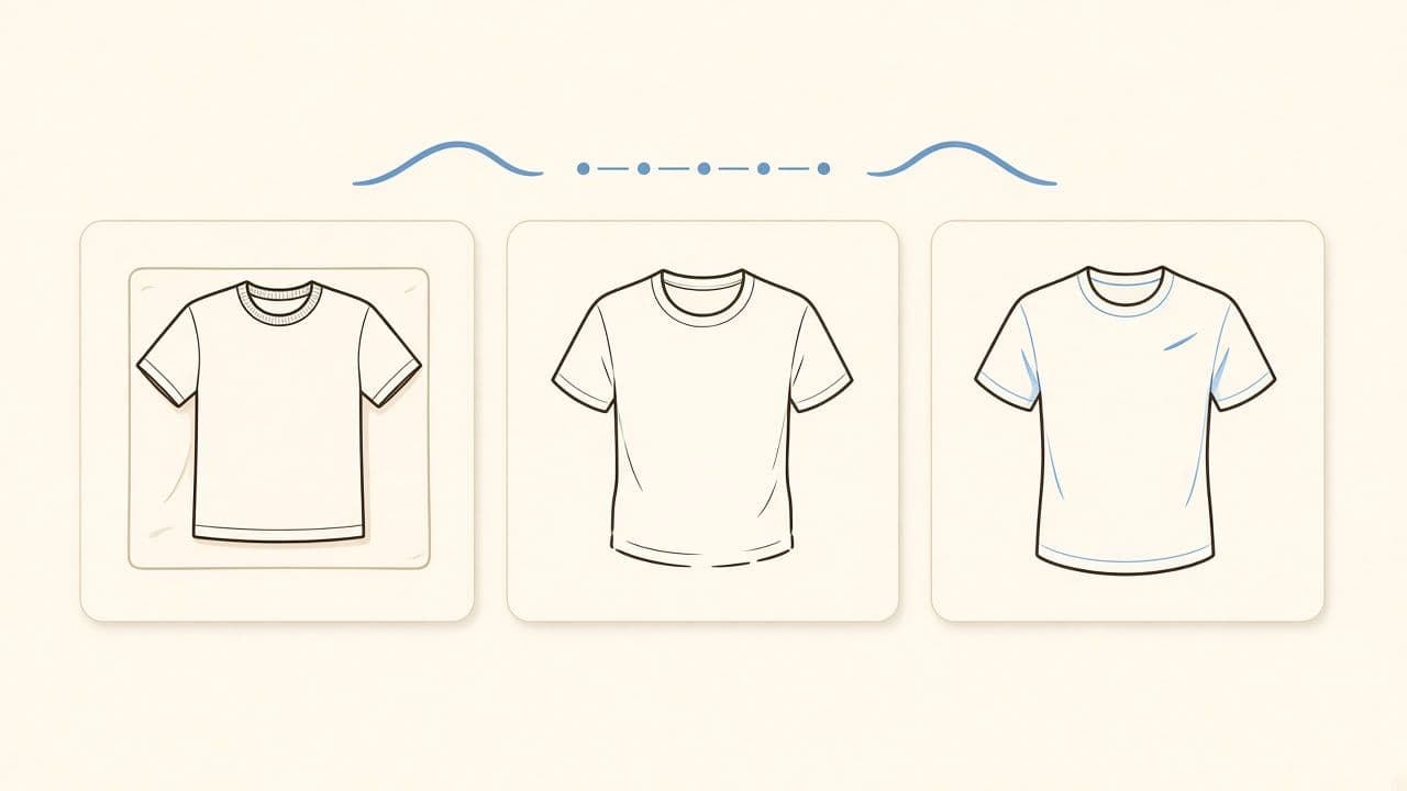 Diagram comparing flat lay, ghost mannequin, and on-body T-shirt presentation methods.